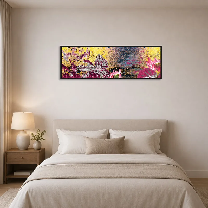 Colorful botanical abstraction brings energy to the bedroom decor.