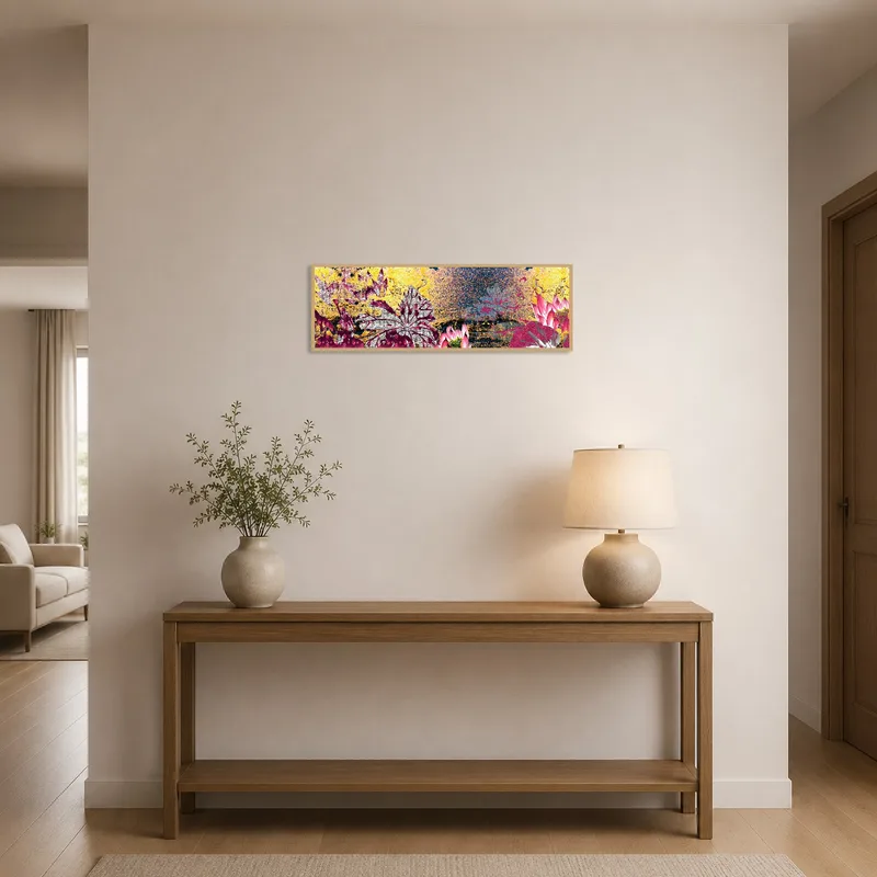 Botanical abstraction warmly welcomes guests in the entrance hall setting.
