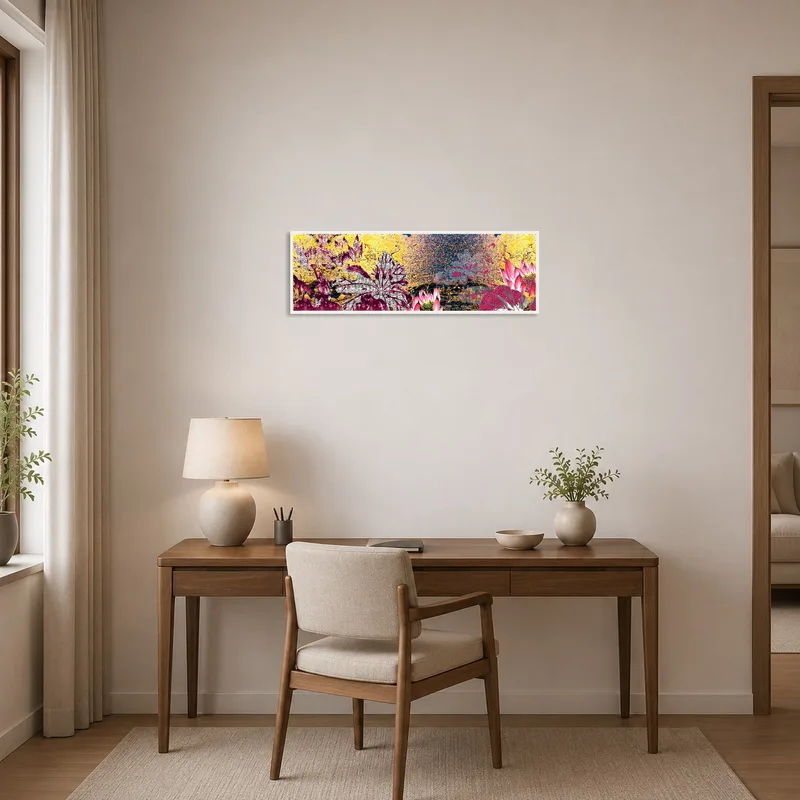 Botanical abstract art inspires creativity in the home office environment.