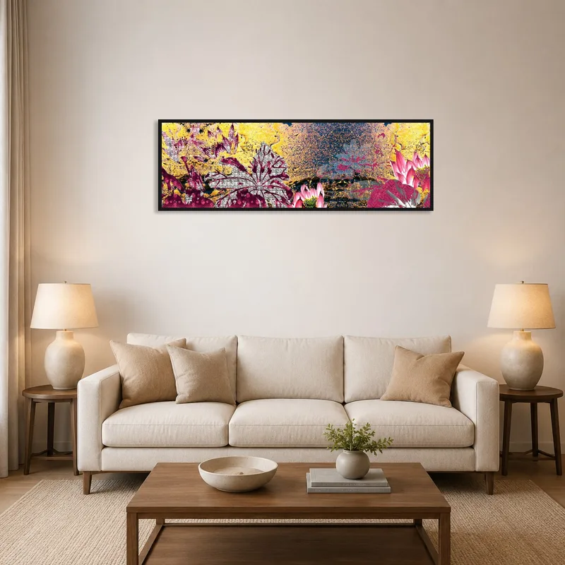 Panoramic botanical abstraction adds a lively touch to the living room wall.
