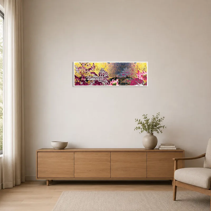 Minimalist room features a vibrant botanical abstract art piece as a focal point.