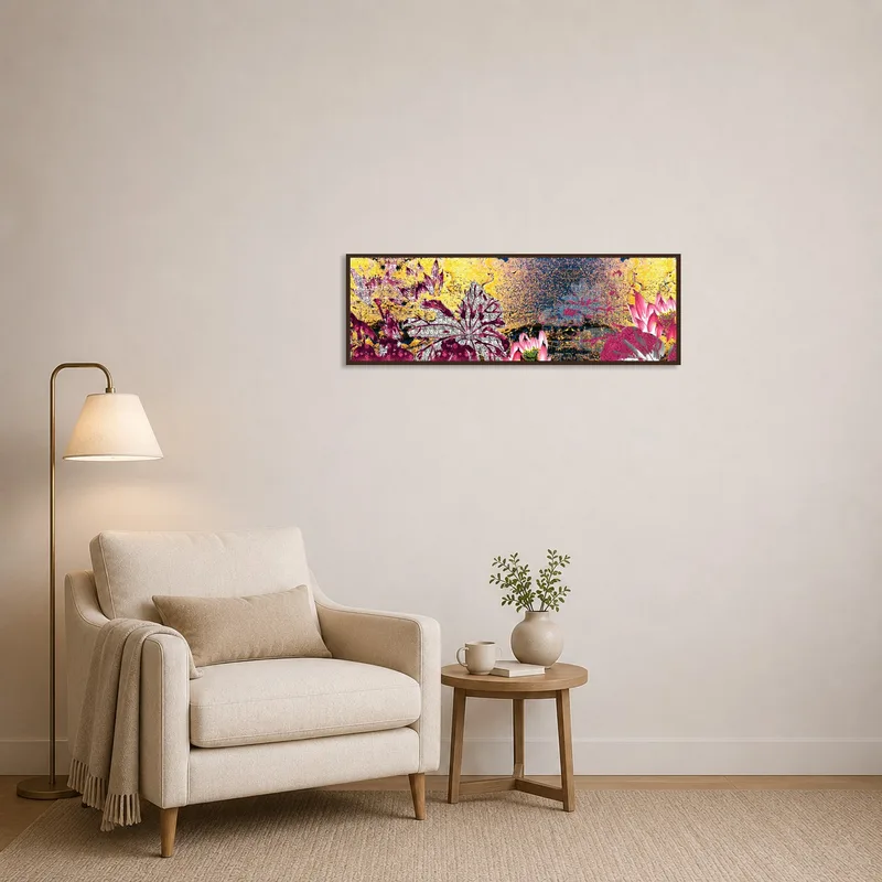 Artwork with botanical abstraction enhances the cozy ambiance of the reading corner.