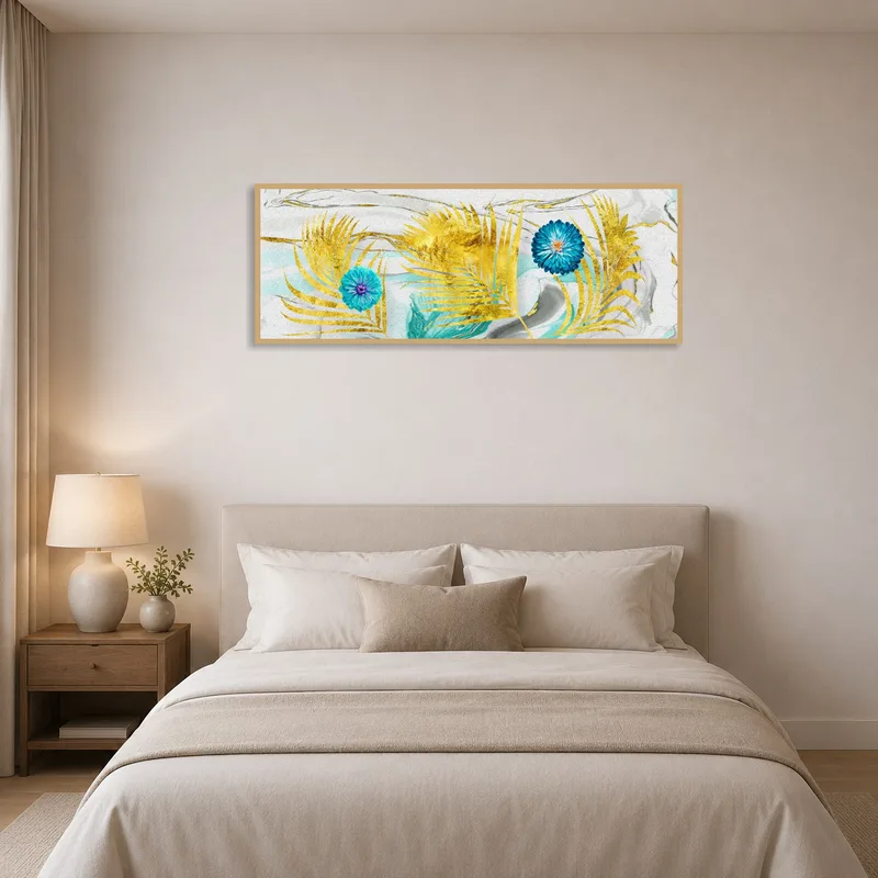 Panoramic print adding color to a serene bedroom setting.