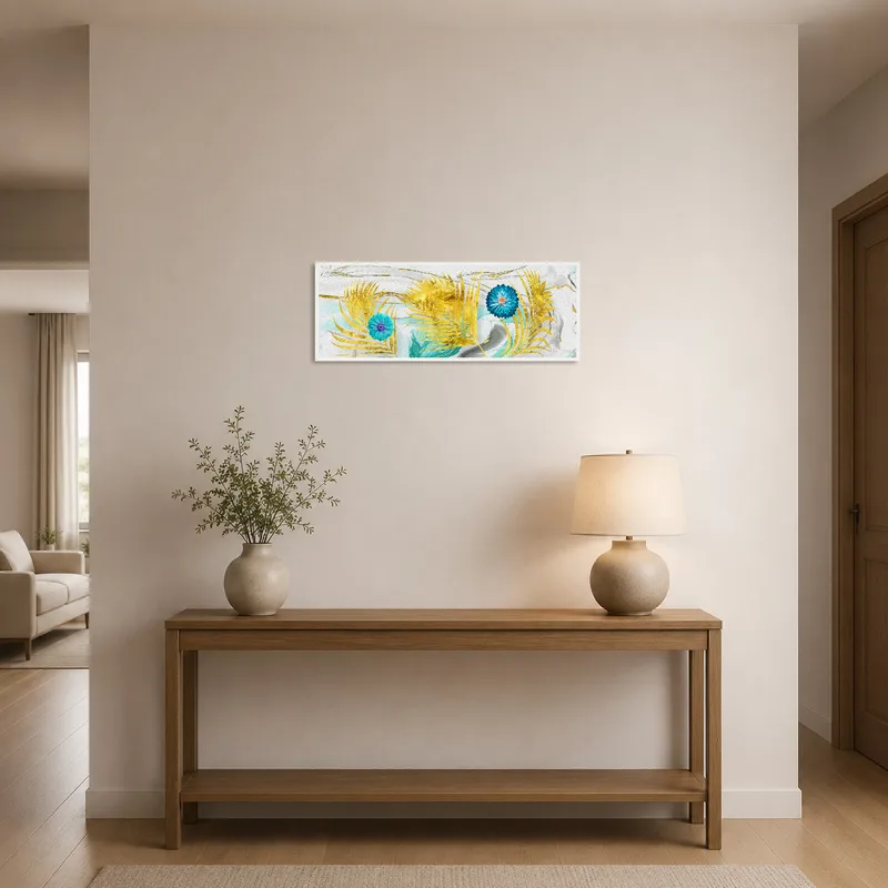 Vibrant abstract print greeting visitors in the entrance hall.