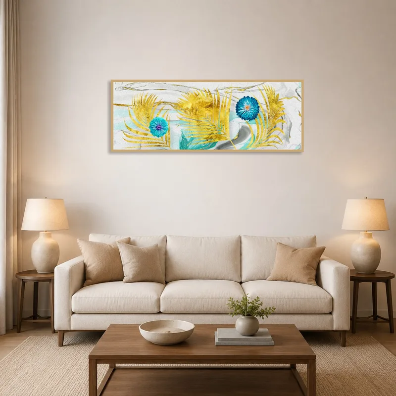 Botanical abstract print above a modern living room sofa.