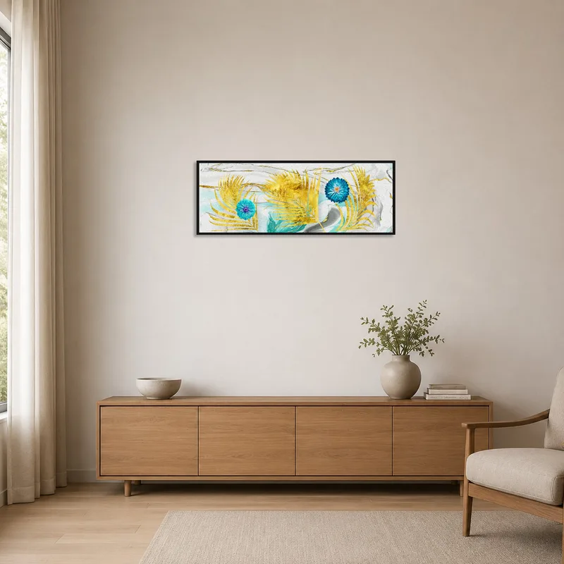 Colorful botanical print on a clean minimalist wall.
