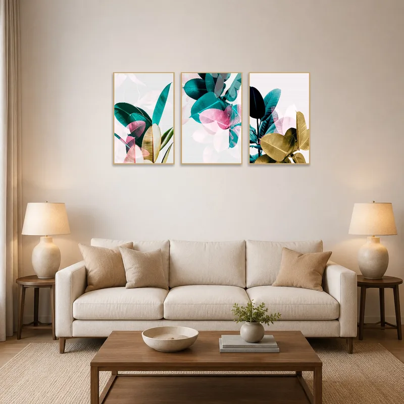 A vibrant botanical triptych of tropical leaves brightens the living room wall.