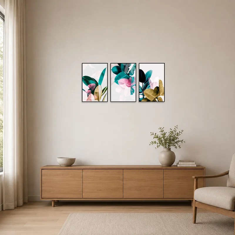 Tropical leaf triptych adds a pop of color to the minimalist space.