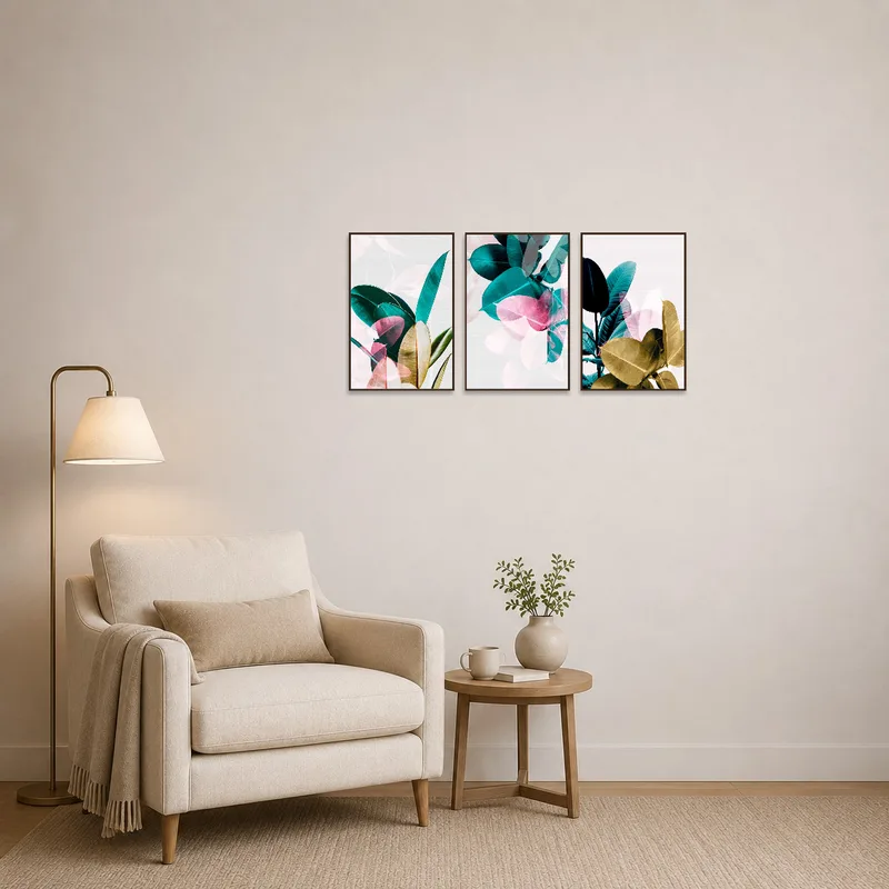 A nature-inspired triptych with tropical leaves enlivens the reading corner.