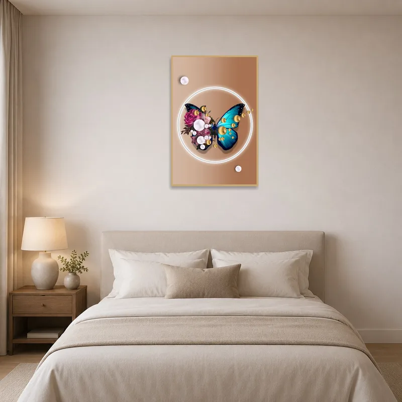 Vibrant butterfly and flowers art as a stunning focal point in the cozy bedroom.