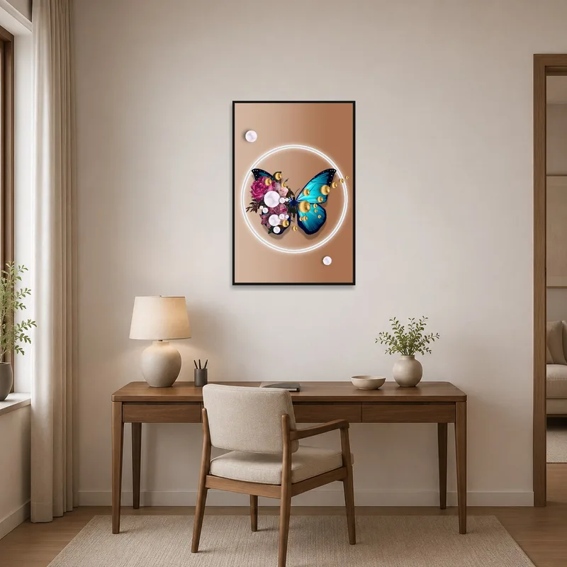 Energetic butterfly and floral art enhancing creativity in the home office space.