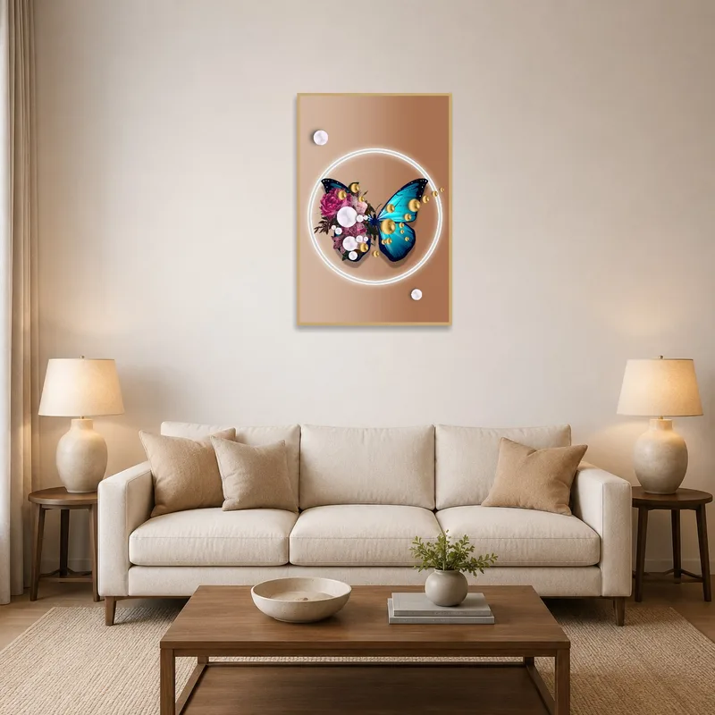 Colorful butterfly and floral art displayed above a modern sofa in the living room.