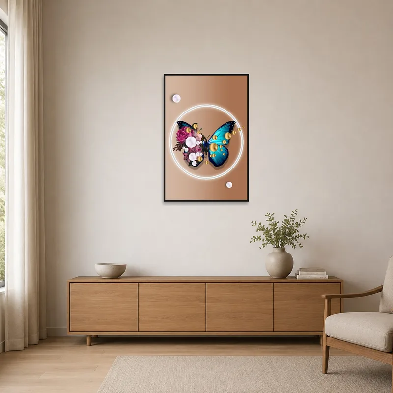 Butterfly and floral fusion art adding a pop of color to a minimalist room setup.