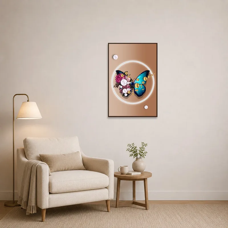 Lively butterfly and floral piece creating a vibrant atmosphere in the reading corner.