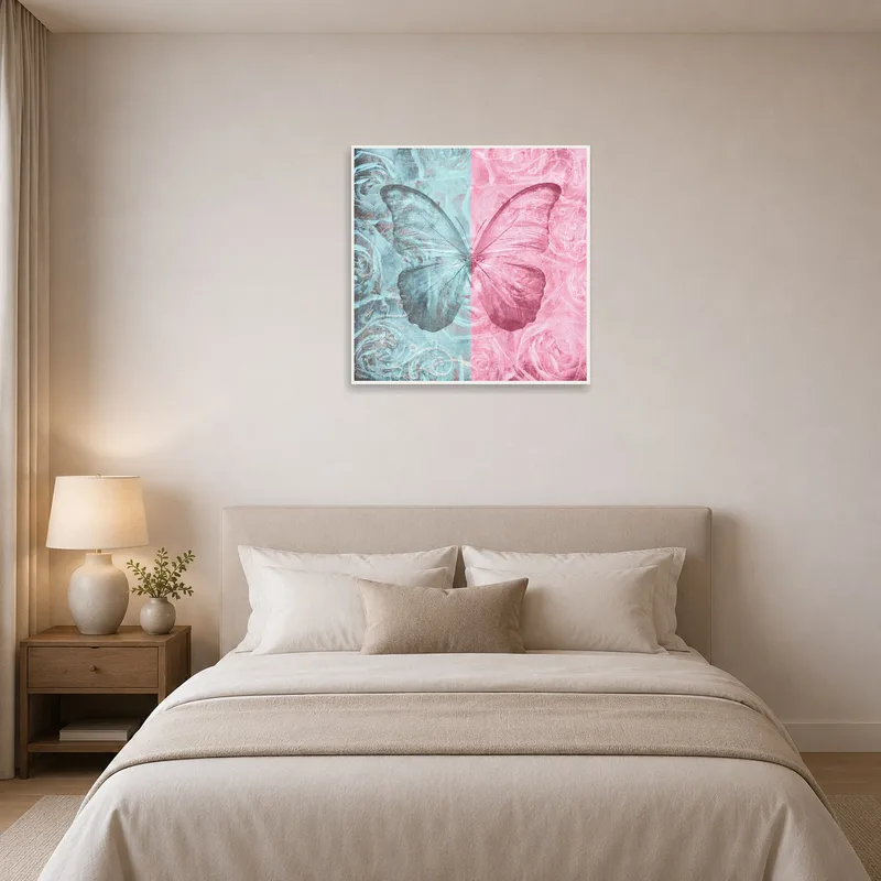 Butterfly and roses floral art adds charm above a bedroom headboard.