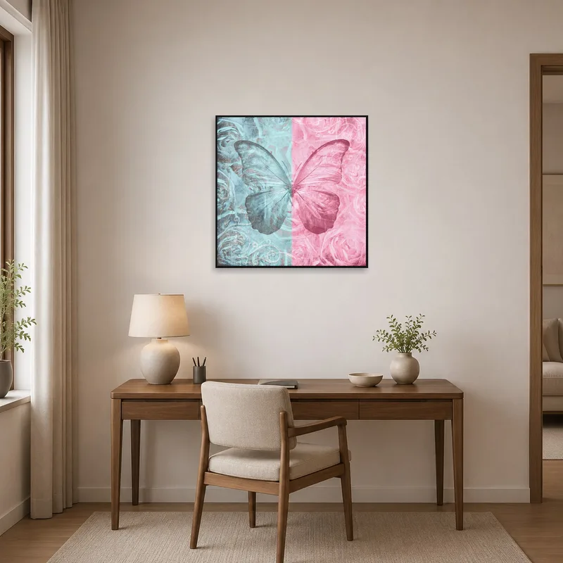 Butterfly and roses art inspires creativity in a home office.