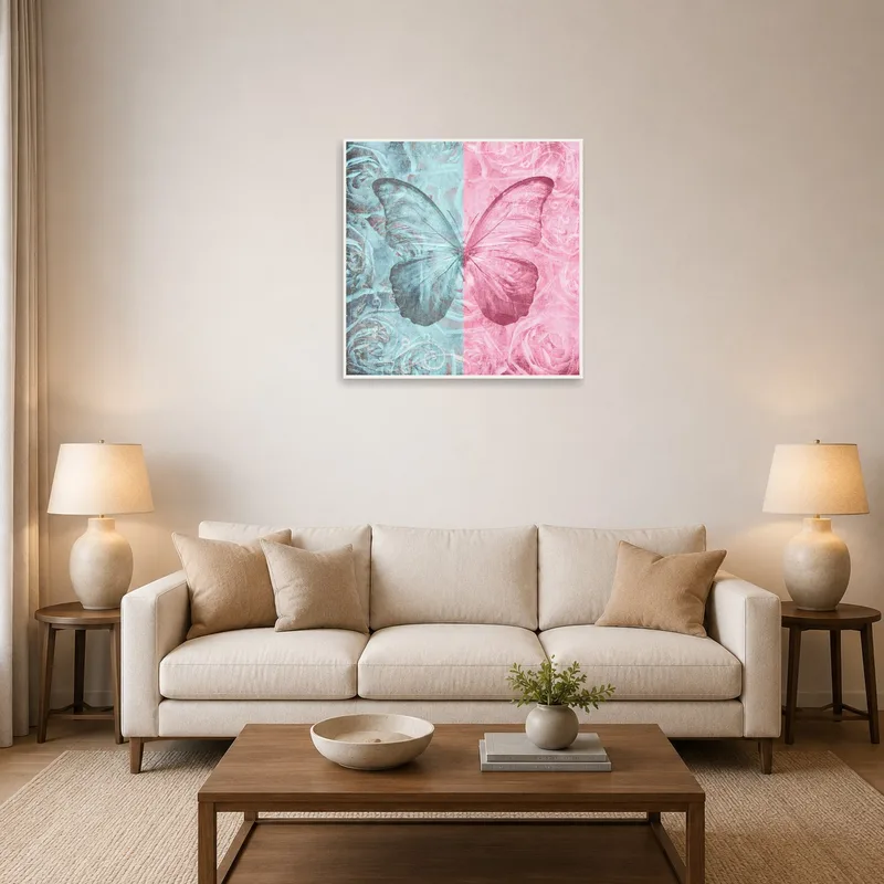 Vibrant butterfly and roses artwork brightens a cozy living room wall.