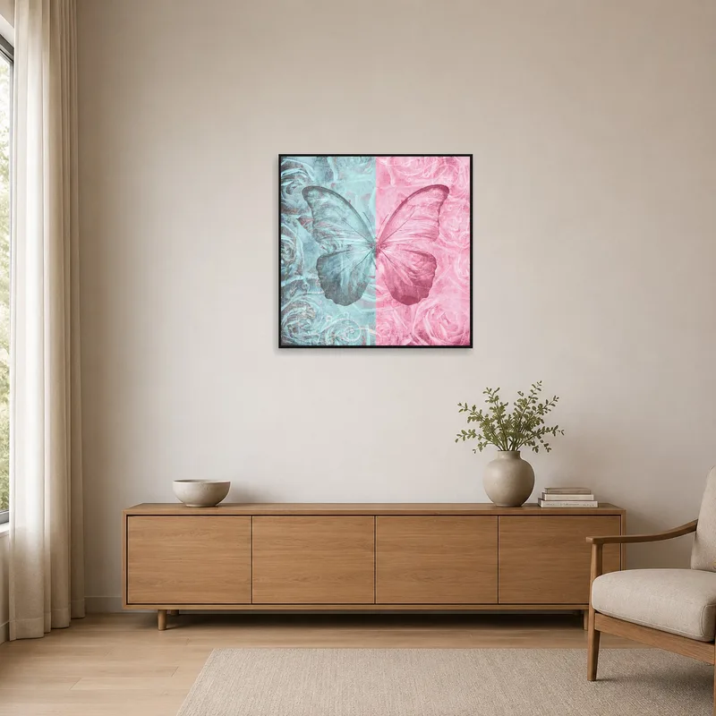 Butterfly and roses art pops against minimalist decor.