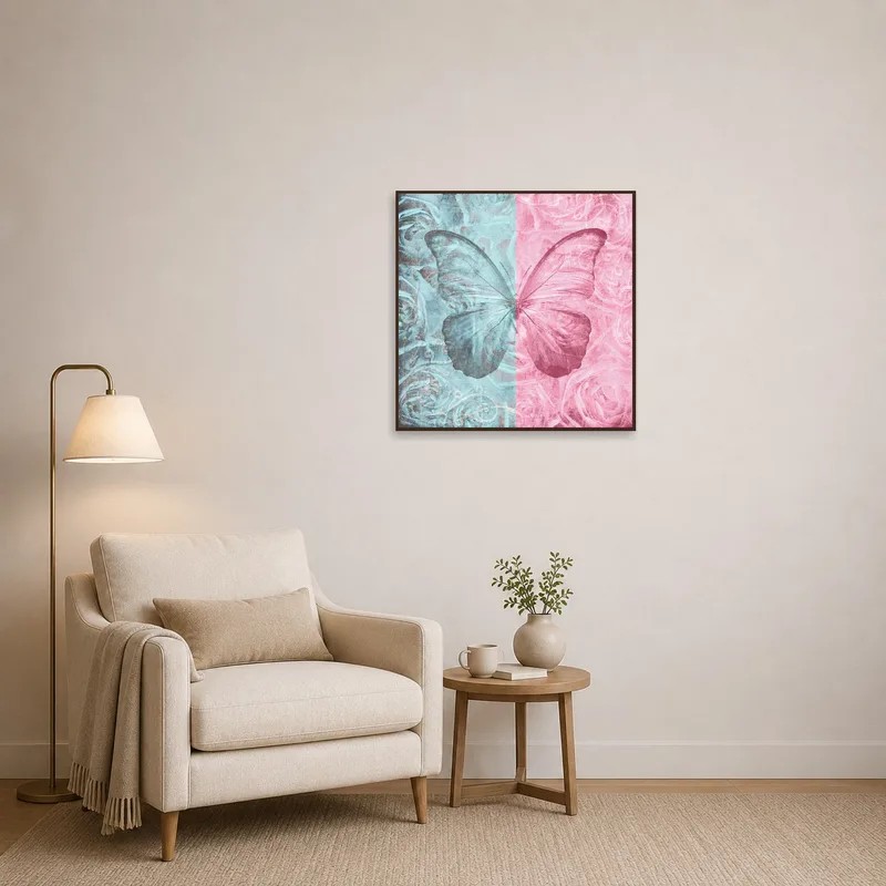 Butterfly and roses art enhances a serene reading corner.