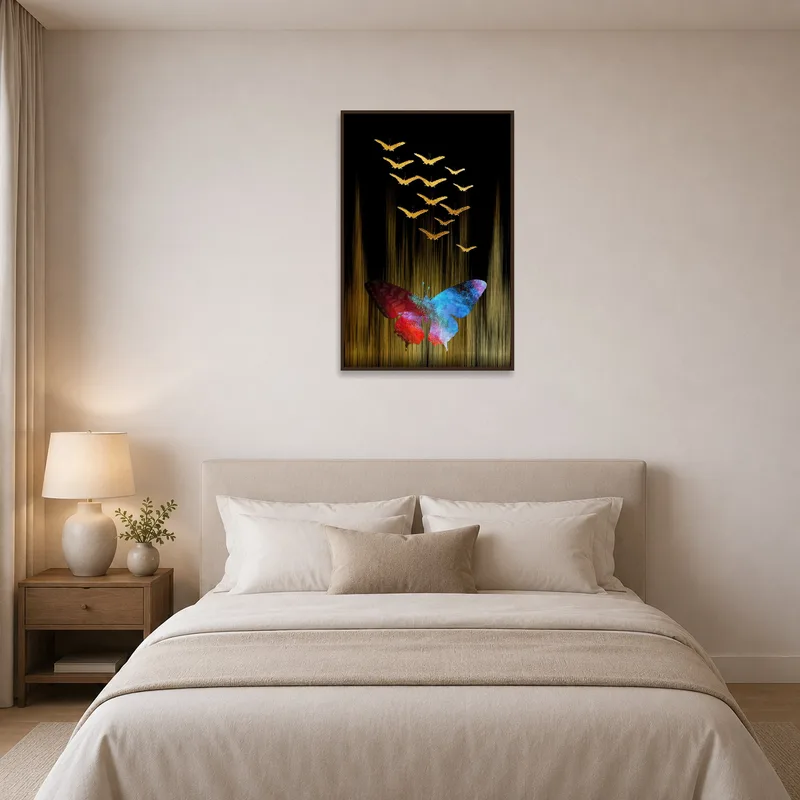 Vibrant butterfly display above a bed, bringing life to a tranquil bedroom setting.