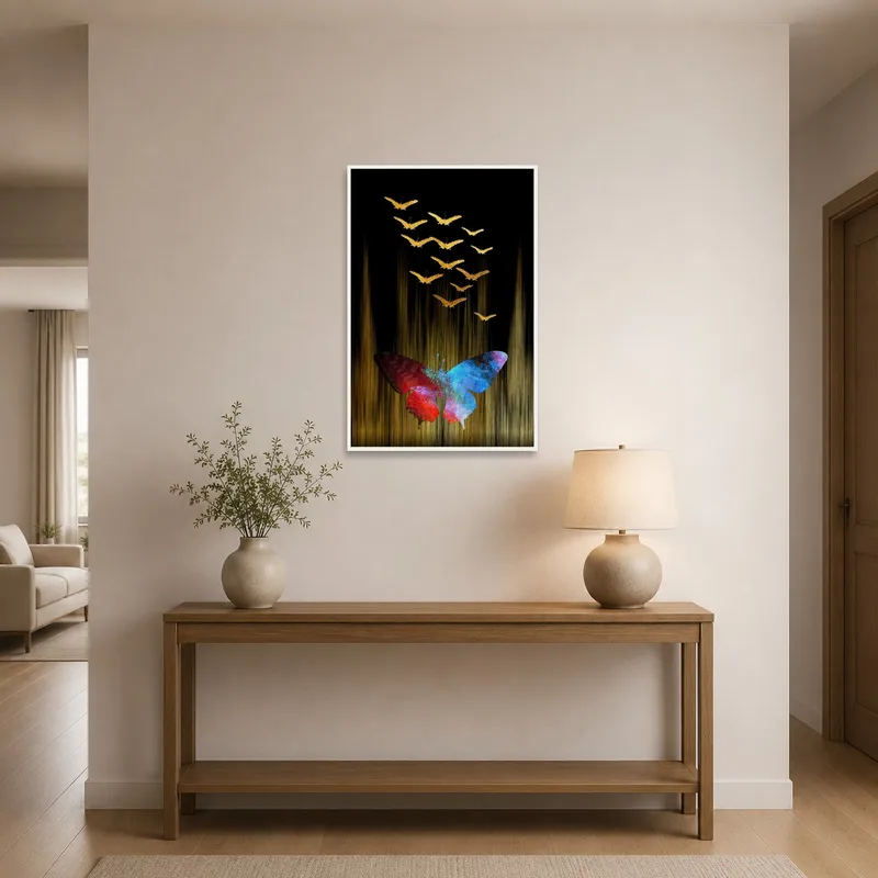 Butterflies with golden details drawing attention in an entrance hall with a sleek console.
