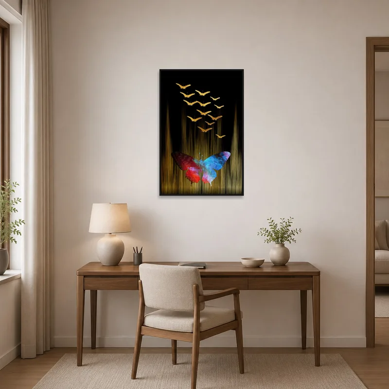 Butterfly artwork with gold hints energizing a home office, complementing a work desk.