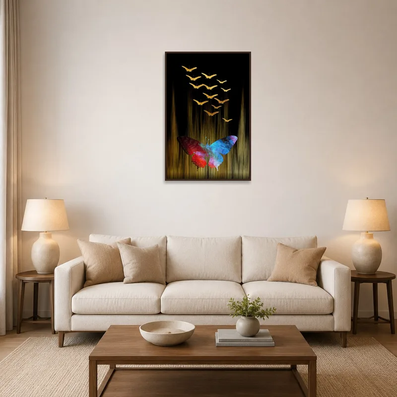 Bright butterfly ensemble with gold accents on a living room wall above a cozy seating area.
