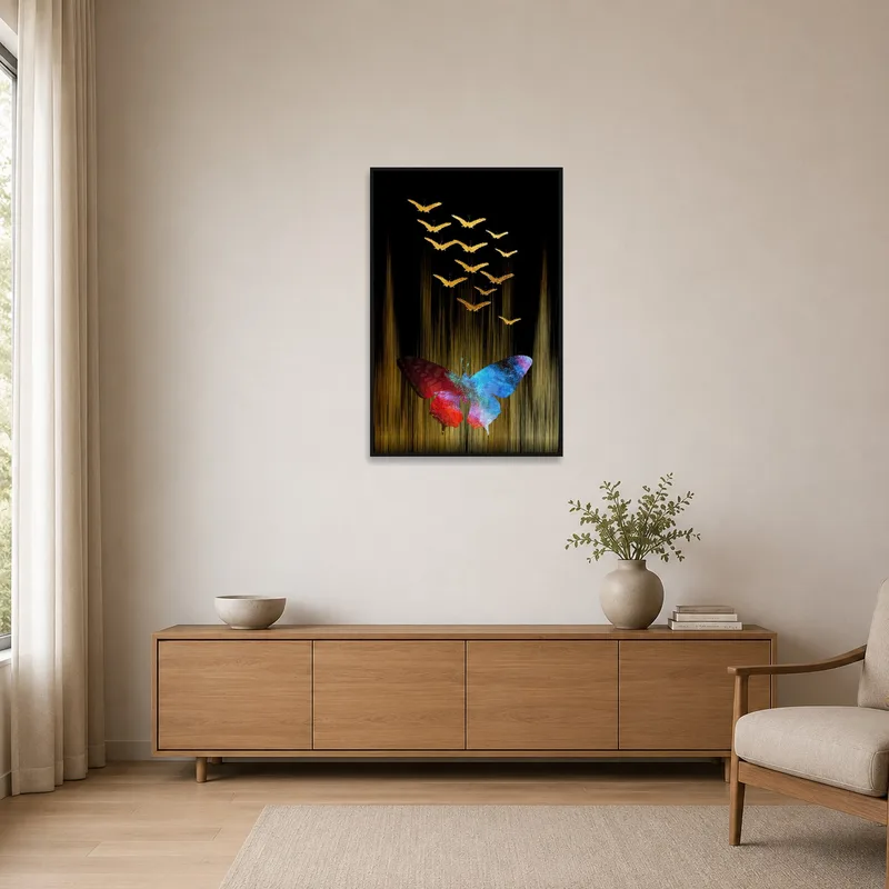 Colorful butterflies with gold accents adding a pop to a minimalist space's simple decor.