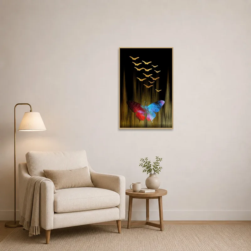 Gold-accented butterflies creating a lively vibe in a reading corner with a comfy armchair.