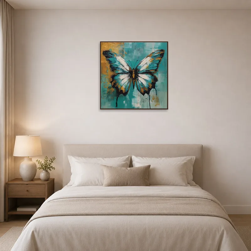 Butterfly artwork brings life to a serene bedroom.
