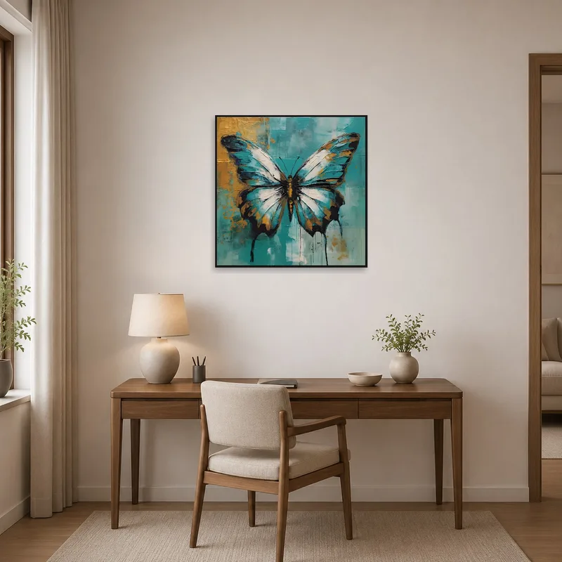 Bold butterfly artwork enlivens a productive home office.