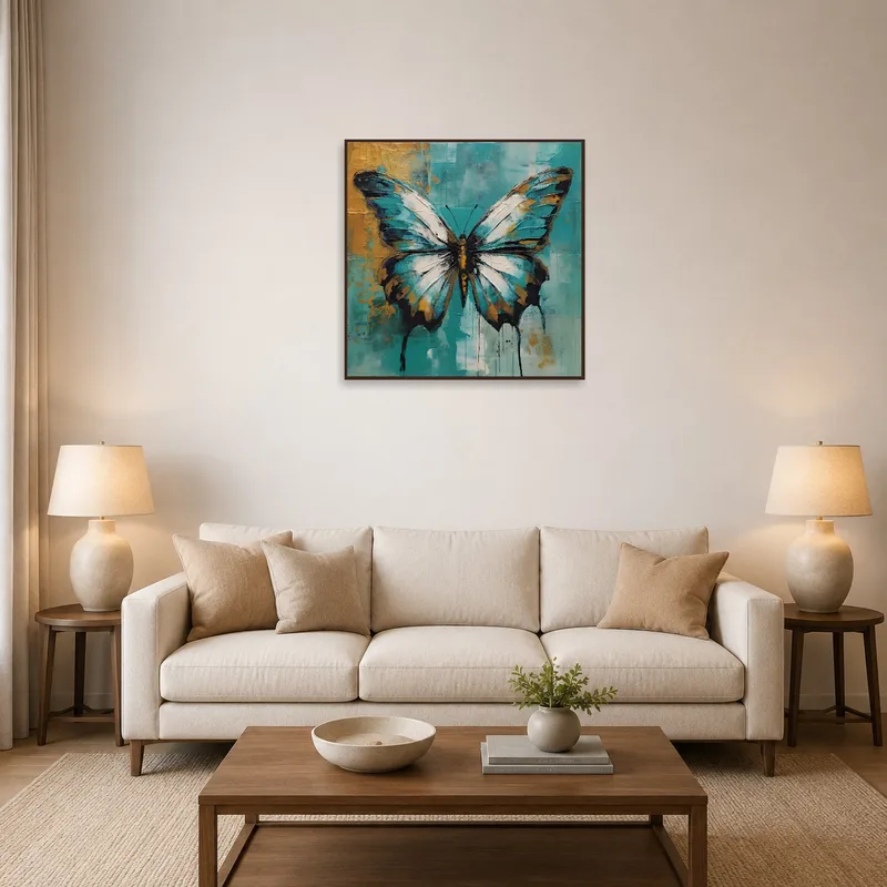 Vibrant butterfly artwork brightens a cozy living room.