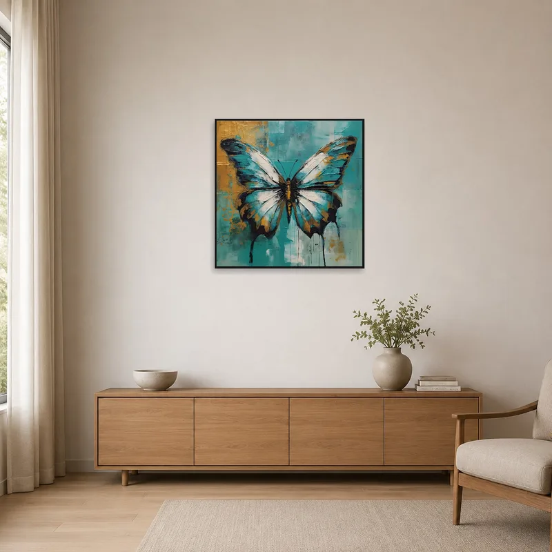 Butterfly piece adds color to a minimalist setting.