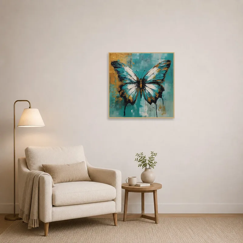 Colorful butterfly adorns a tranquil reading corner.