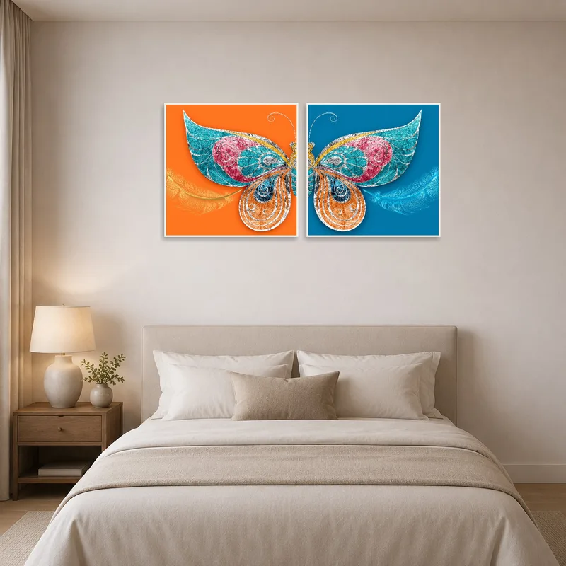 Butterfly wing art bringing tranquility to a serene bedroom.