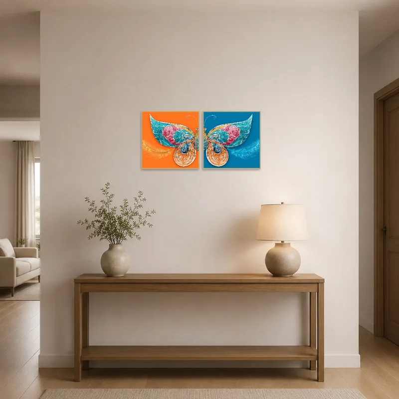 Colorful butterfly wing art welcoming guests in the entrance hall.