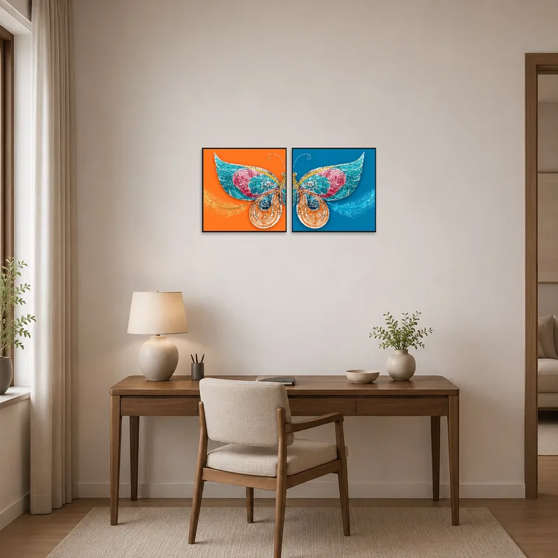 Inspiring butterfly wing art energizing a home office.