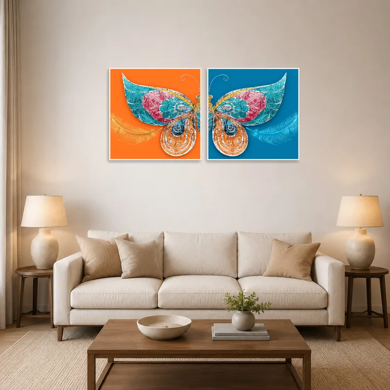 Butterfly wing art adding color to a neutral-toned living room.
