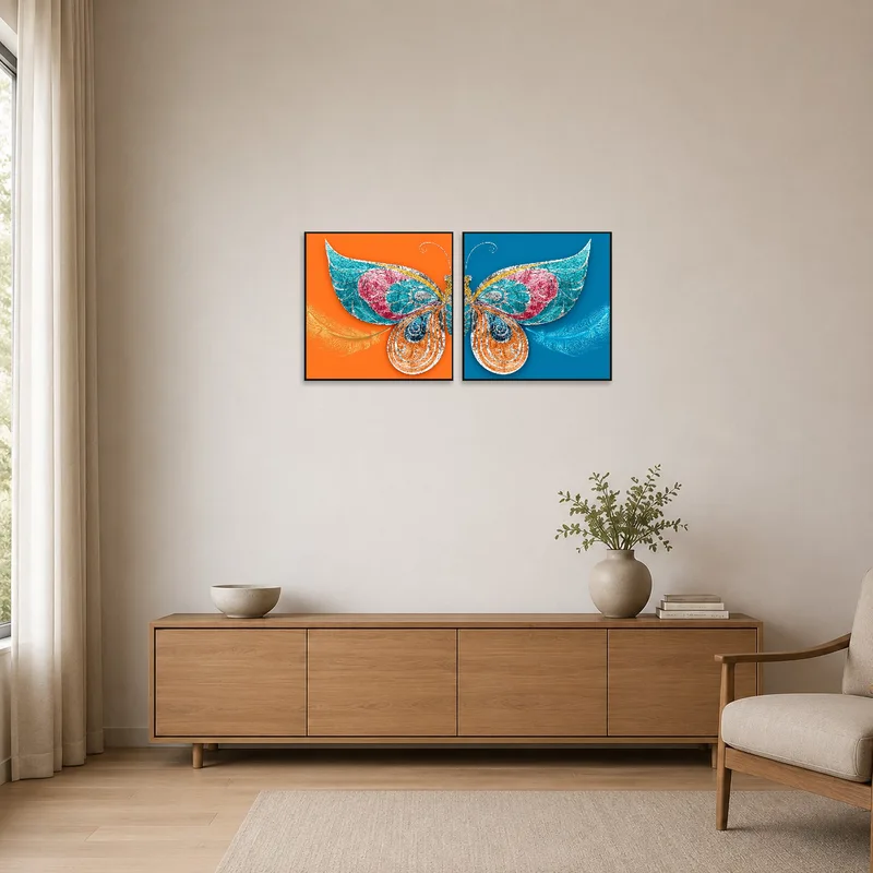 Butterfly wing art creating a focal point in a minimalist space.