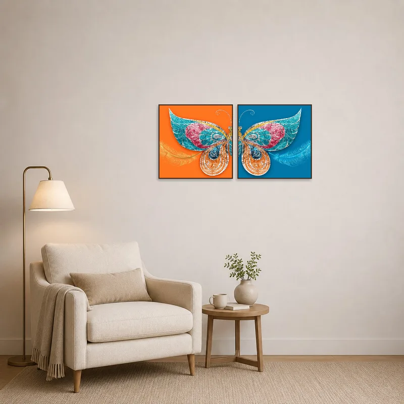 Vibrant butterfly wing art enhancing a cozy reading corner.