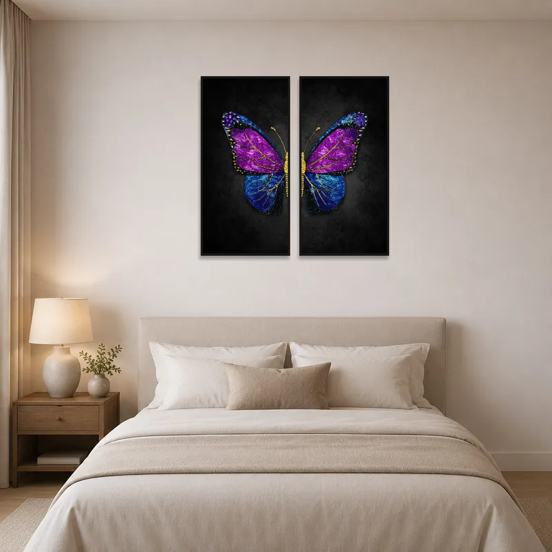 Vibrant butterfly wing canvas set uplifts a delicately styled bedroom.