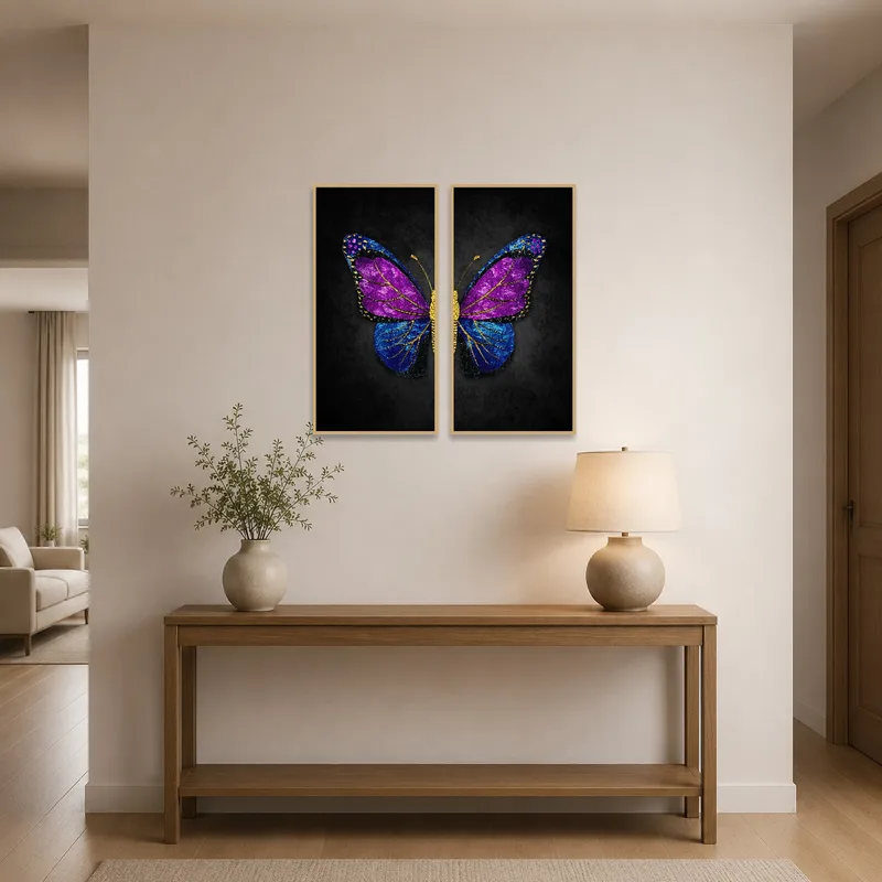 Colorful butterfly wing artwork greets guests in the entrance hall.