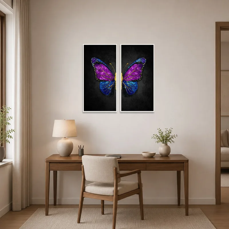 Butterfly wing canvas set enlivens a bright home office space.