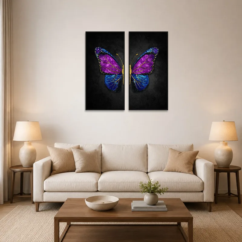 Vibrant butterfly wing canvas set accents a cozy living room wall.