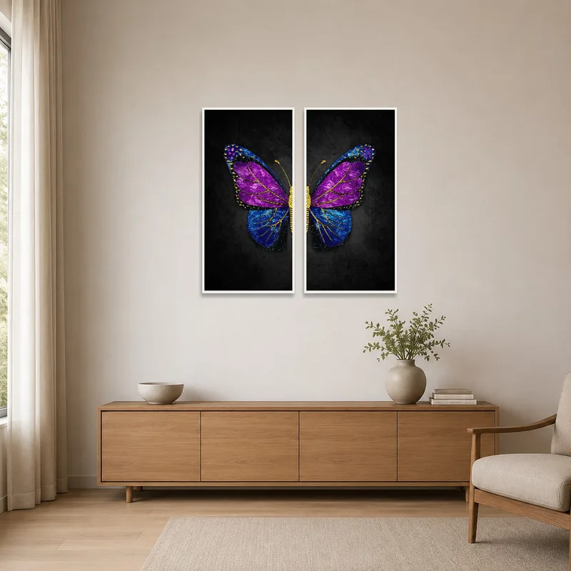 Butterfly wing canvas set enhances a minimalist room setup.