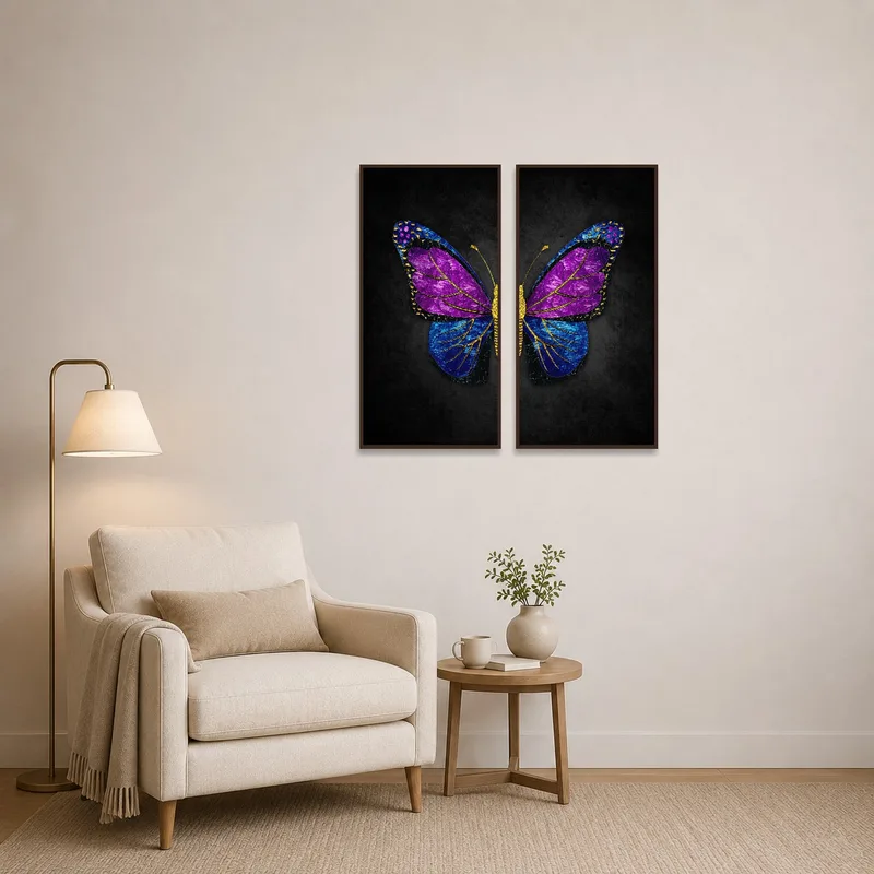 Butterfly wing canvas set adds a splash of color to the reading corner.