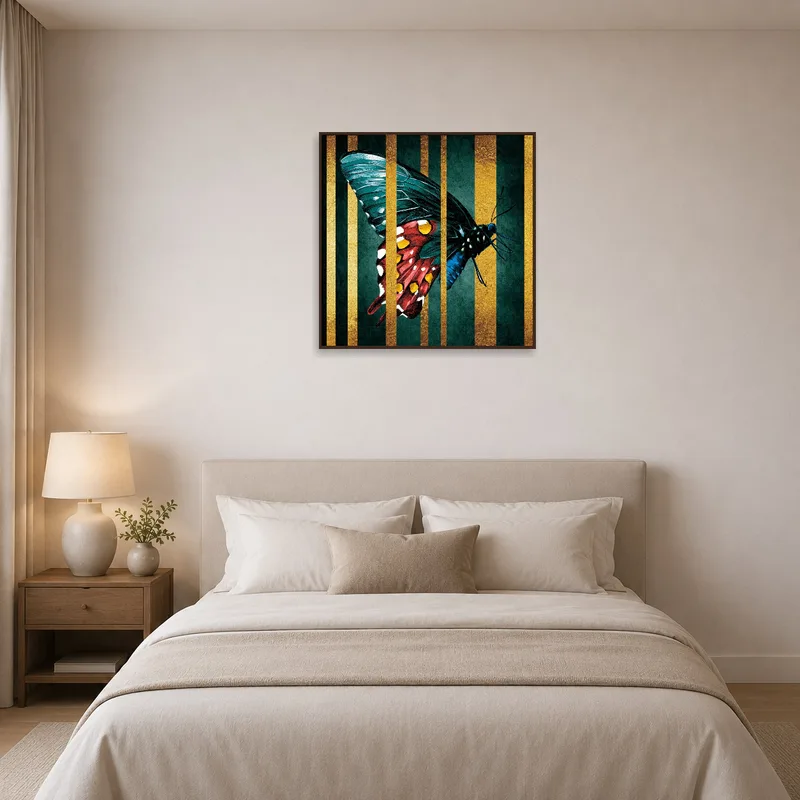Bedroom wall adorned with a vibrant butterfly art print.