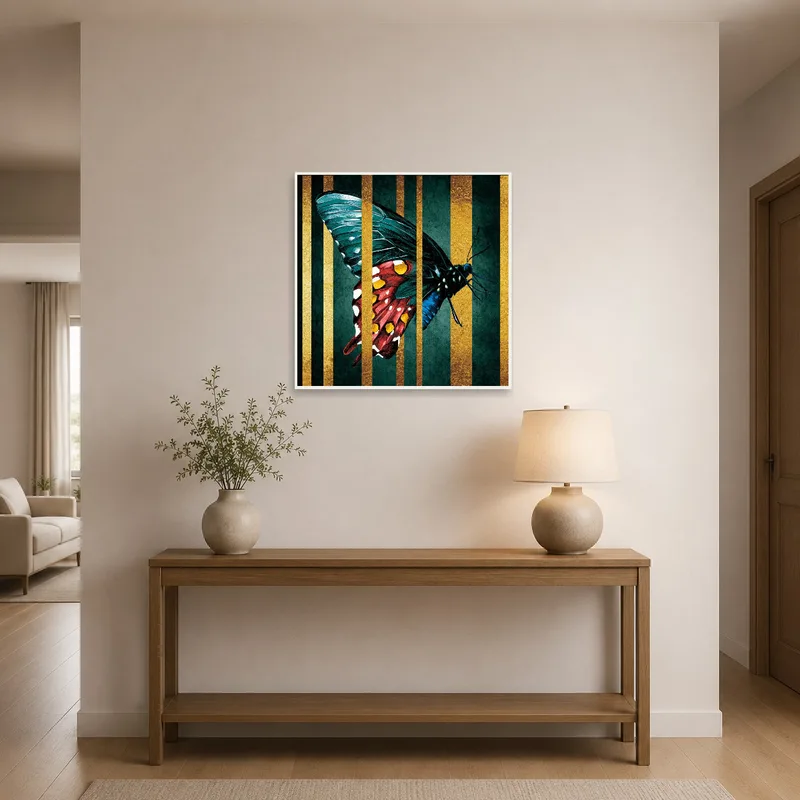 Butterfly art print with gold accents enhances the entrance hall.