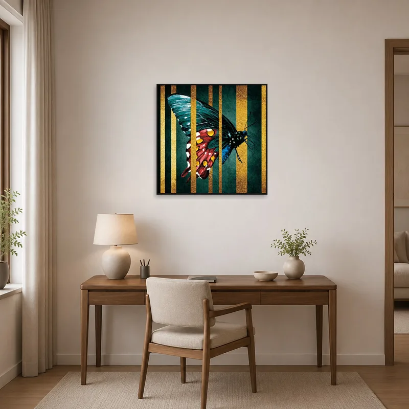 Home office wall featuring butterfly art print with striking gold stripes.