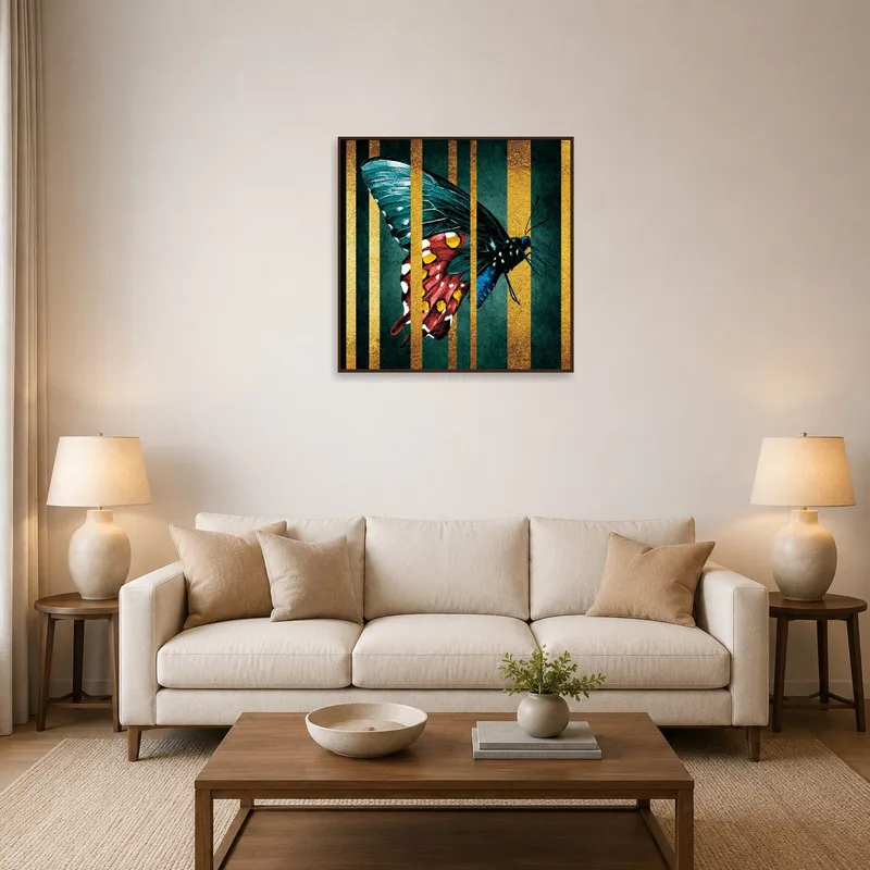 A vibrant butterfly art print adds a pop of color to the living room wall.